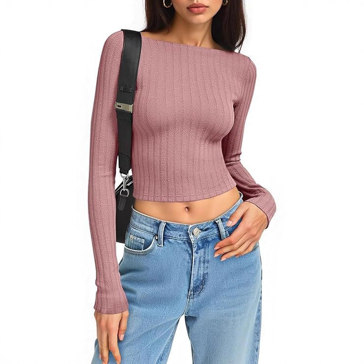 Women's Fitted Ribbed Cropped Long Sleeve with Boat Neck and Stretch Cotton Blend Mune Fashion