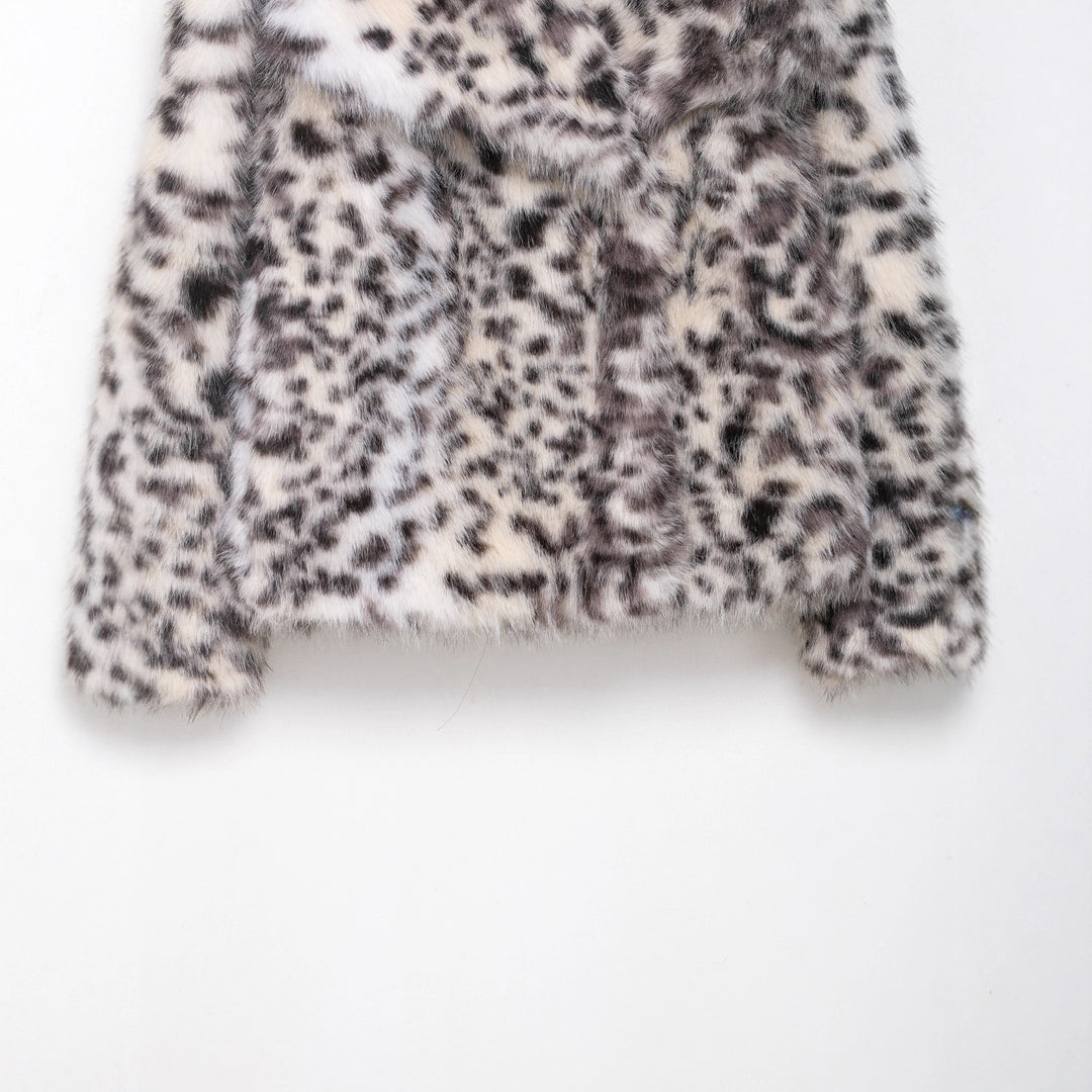 Women's Short Faux Fur Coat with Leopard Print and Shawl Collar Mune Fashion