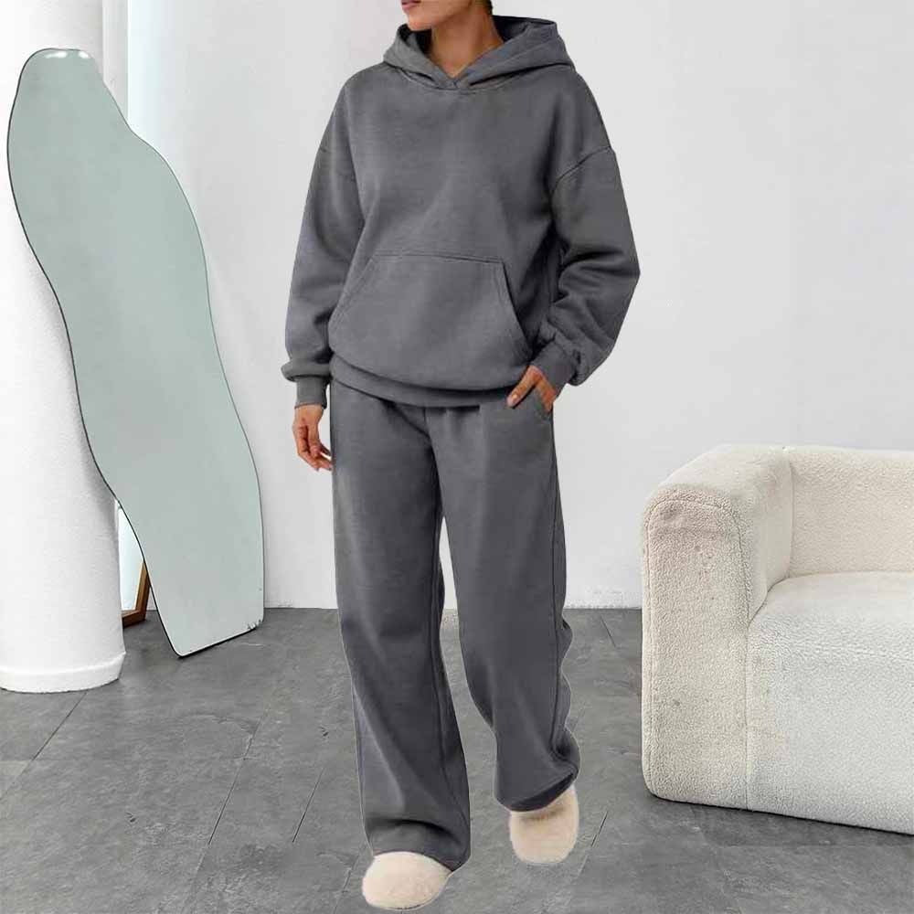 Women's two-piece leisure lounge set with hoodie, kangaroo pocket, and straight lounge pants made of soft cotton blend Mune Fashion