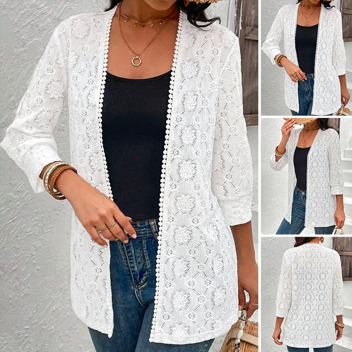 Women's lightweight lace jacket with open cut, three-quarter sleeves and crocheted trim Mune Fashion