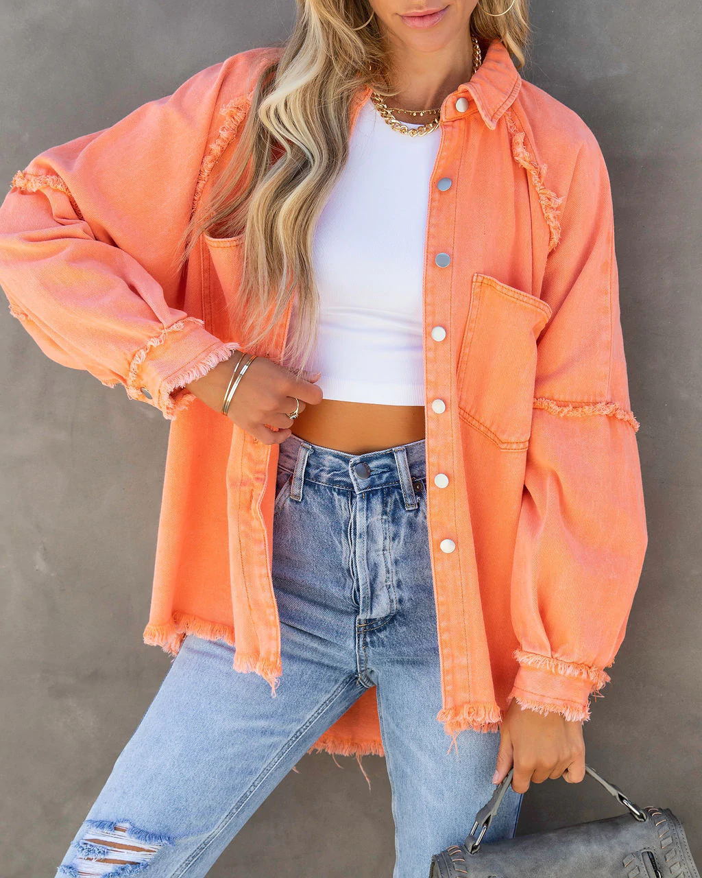 Women oversized shirt jacket in used look with frayed edges and patch pockets Mune Fashion