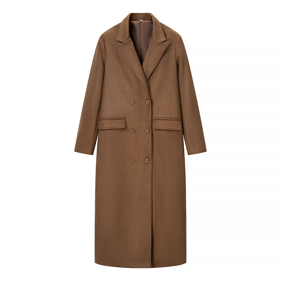 Women Double-breasted Wool-look Maxi Coat with Lapel Collar and Flap Pockets Mune Fashion