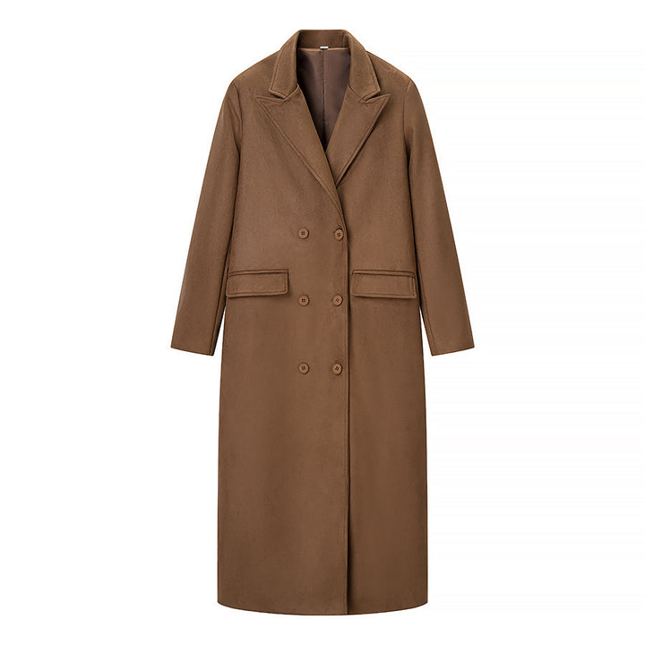 Women Double-breasted Wool-look Maxi Coat with Lapel Collar and Flap Pockets Mune Fashion