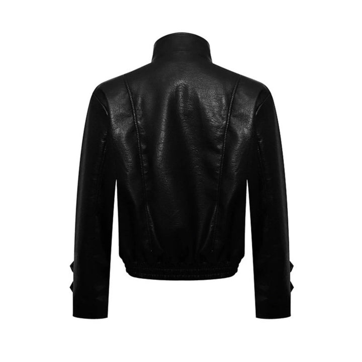 Men's short cut faux leather jacket with stand-up collar, zip front and decorative cuffs Mune Fashion