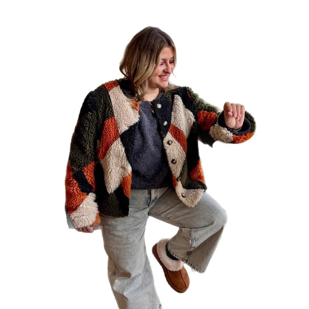 Women Short-Cut Patchwork Teddy Jacket with Textured Loop Fiber and Snap Button Placket Mune Fashion