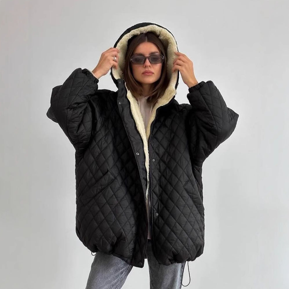 Women's Oversize Quilted Jacket with Teddy Lining and Hood Mune Fashion