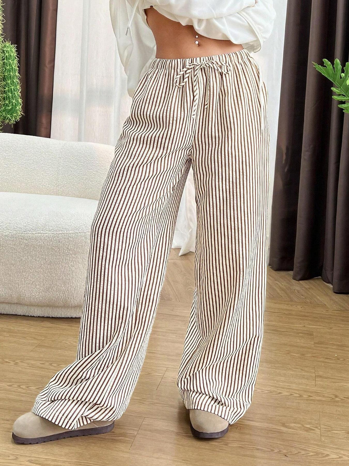 Women's Wide High Waist Pants with Drawstring Stripes Linen Look and Side Pockets Mune Fashion