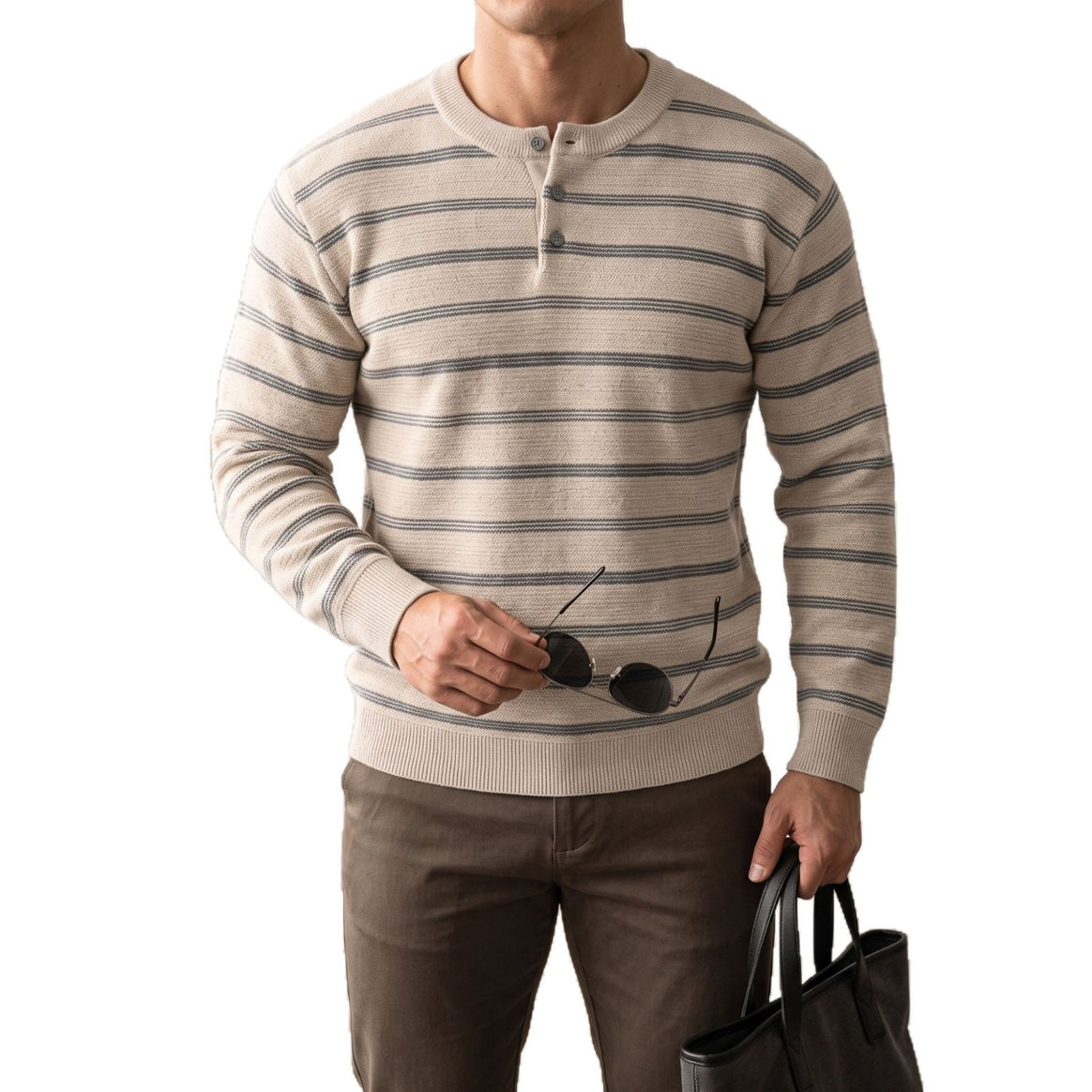 Men's Henley knit sweater with fine texture and horizontal stripes Mune Fashion