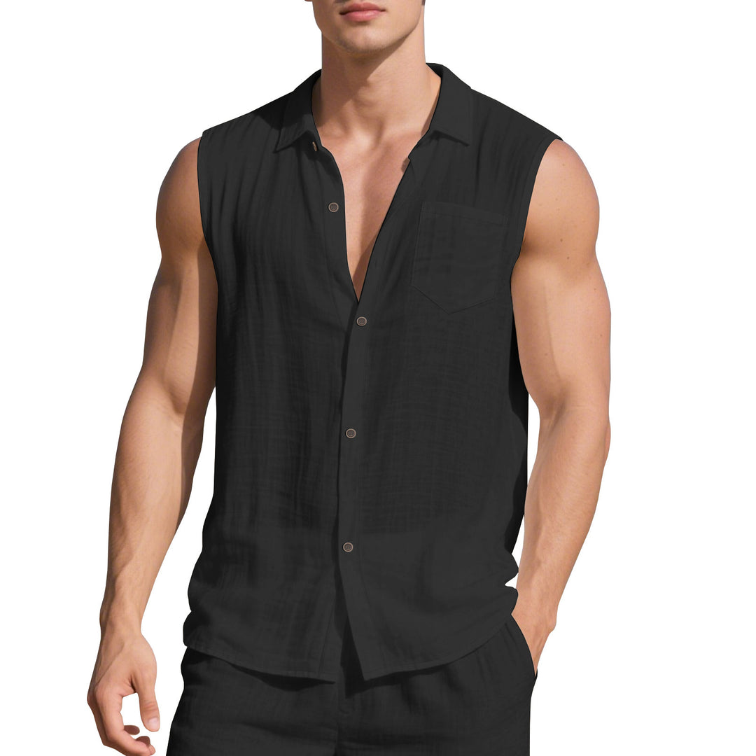 Men's sleeveless linen shirt with lapel collar, chest pocket and continuous button placket Mune Fashion