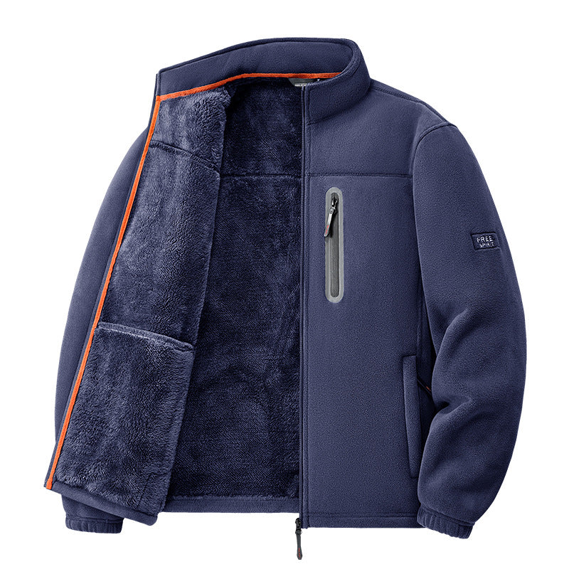 Men's nan thermal fleece jacket with high-pile teddy lining, chest zip pocket, and windproof front shell
