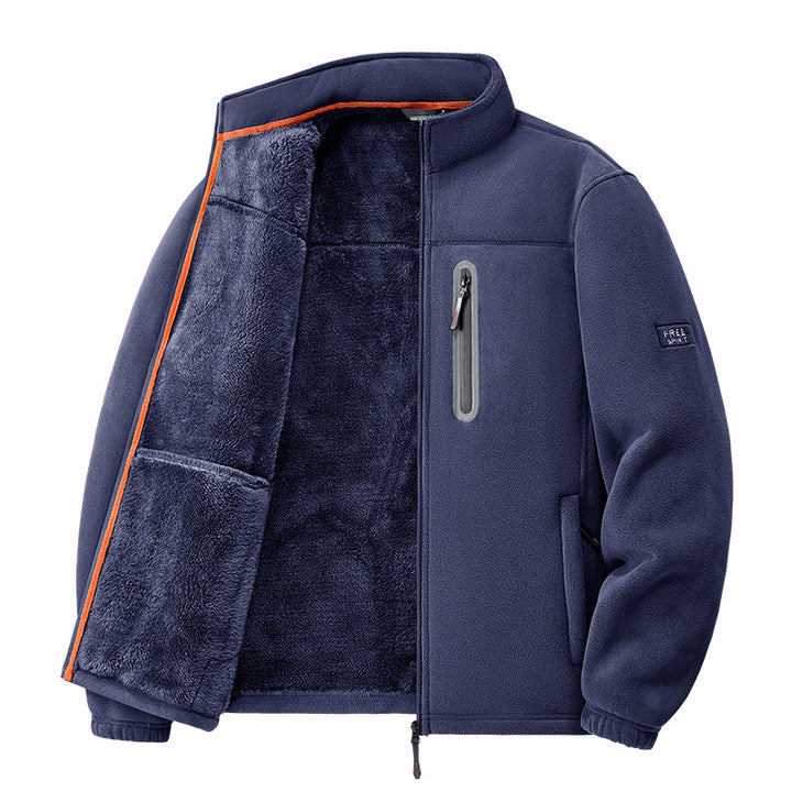 Men's nan thermal fleece jacket with high-pile teddy lining, chest zip pocket, and windproof front shell