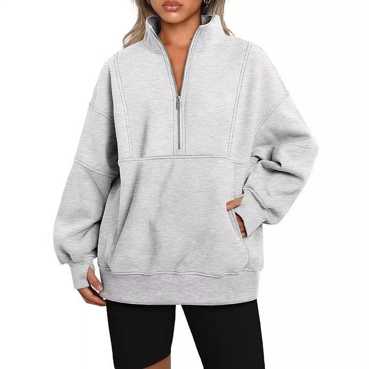 Women's Oversized Sweatshirt with Half Zipper, Kangaroo Pocket and Stand-up Collar Mune Fashion