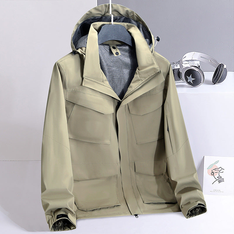 Men Water-Repellent Field Utility Jacket with Hood and Multiple Pockets Mune Fashion