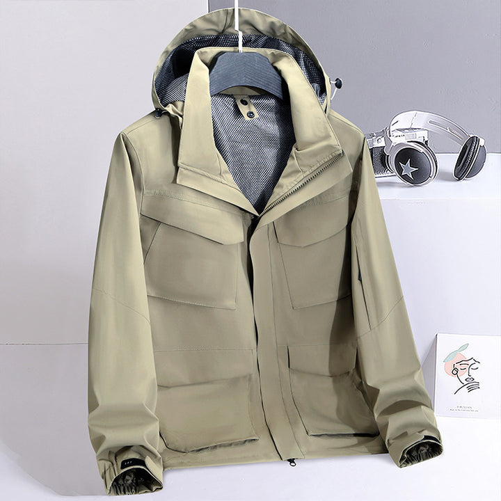Men Water-Repellent Field Utility Jacket with Hood and Multiple Pockets Mune Fashion