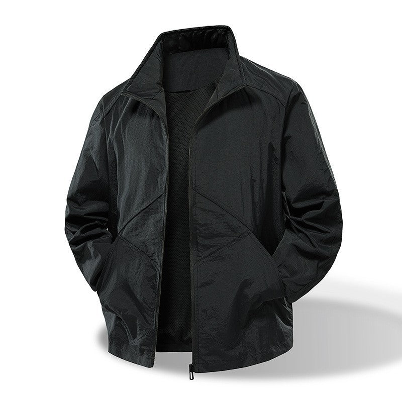 Men's Lightweight Windbreaker Outdoor Jacket with Stand Collar, Two-way Zipper and Concealed Pockets Mune Fashion