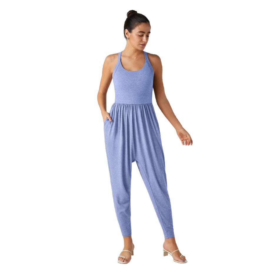 Women's casual jersey jumpsuit with racerback, smocked waist and side pockets Mune Fashion