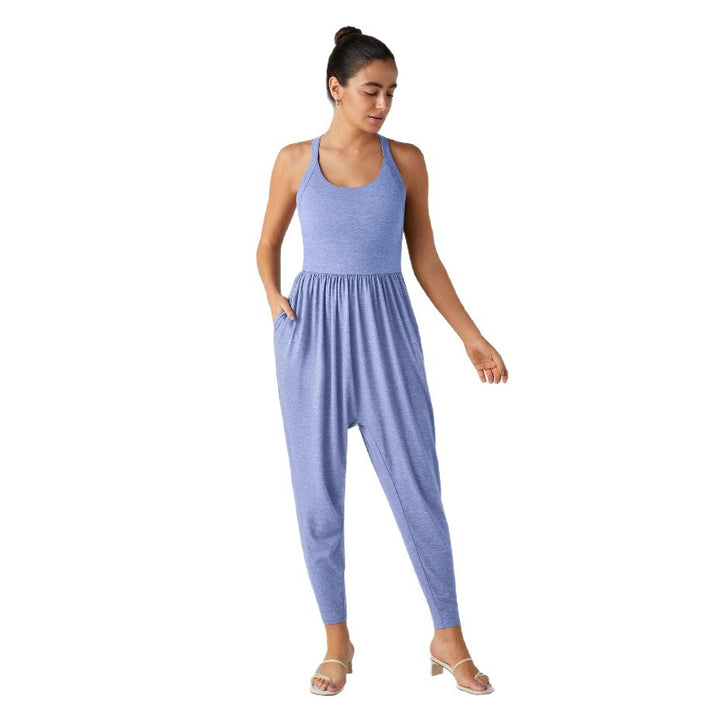 Women's casual jersey jumpsuit with racerback, smocked waist and side pockets Mune Fashion