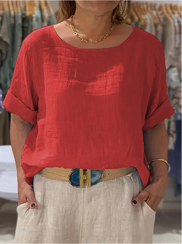 Women Lightweight Linen Blouse with Turned-up Sleeves Mune Fashion