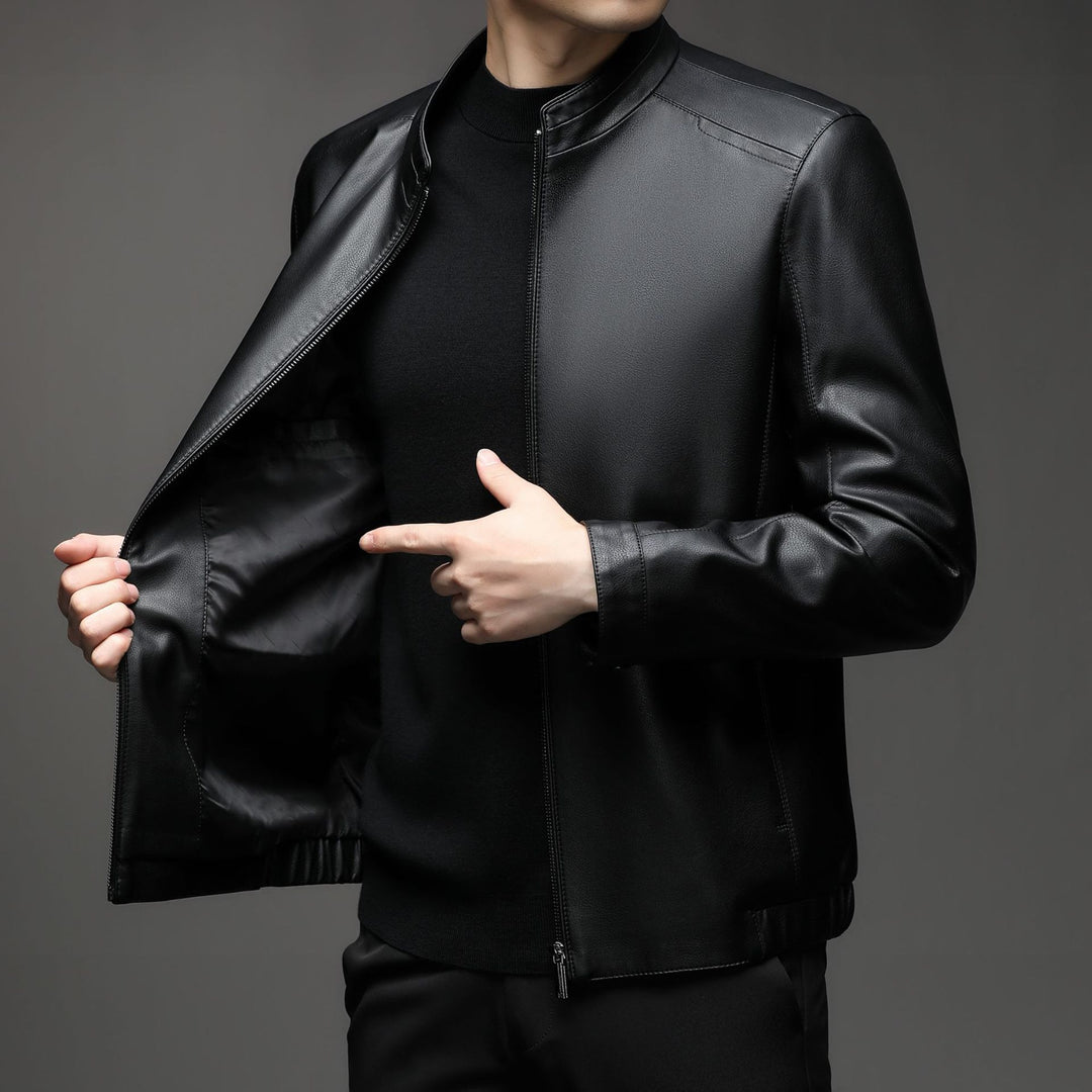 Men's lamb leather bomber jacket with warm lining and stand-up collar Mune Fashion
