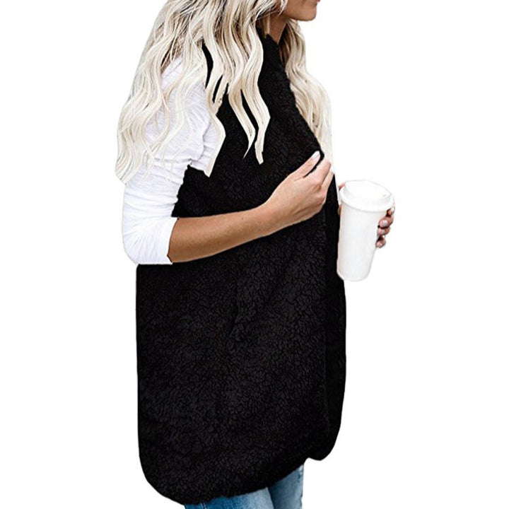Women nan fluffy teddy vest with shawl collar and welt pockets Mune Fashion