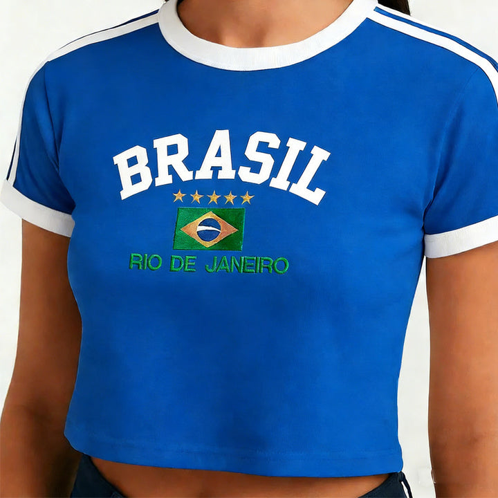 Women's short cotton crop shirt with round neck and Brazil print Mune Fashion
