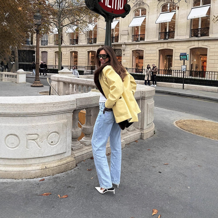 Women Elegant Oversize Coat made of Suede Look with Voluminous Faux Fur Shawl Collar Mune Fashion