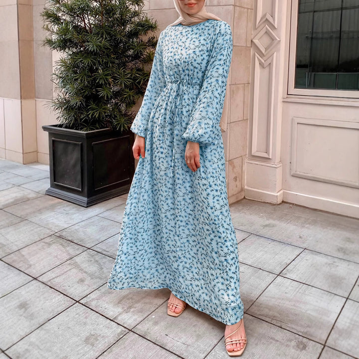 Women Floral Maxi Dress with Drawstring Waist and Balloon Sleeves Drune