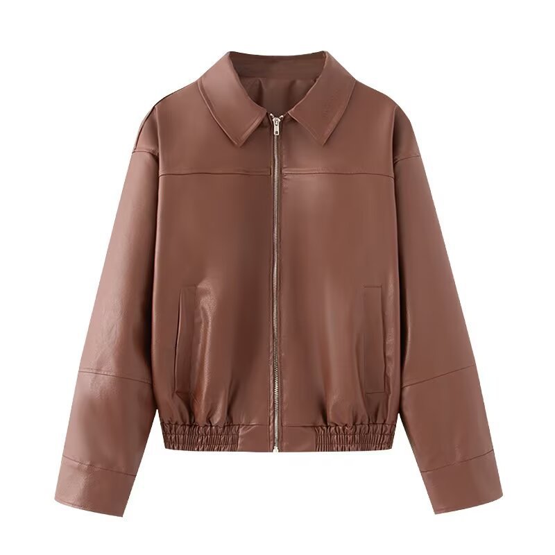 Women's short jacket made of faux leather in oversized bomber style with shirt collar and elastic hem Mune Fashion