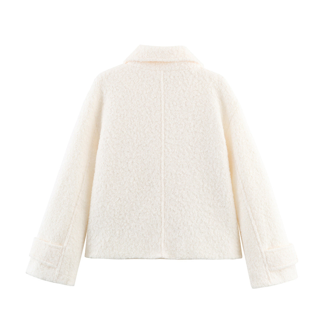 Ladies Boxy Boucle Double-Breasted Coat with Shirt Collar and Flap Pockets Mune Fashion