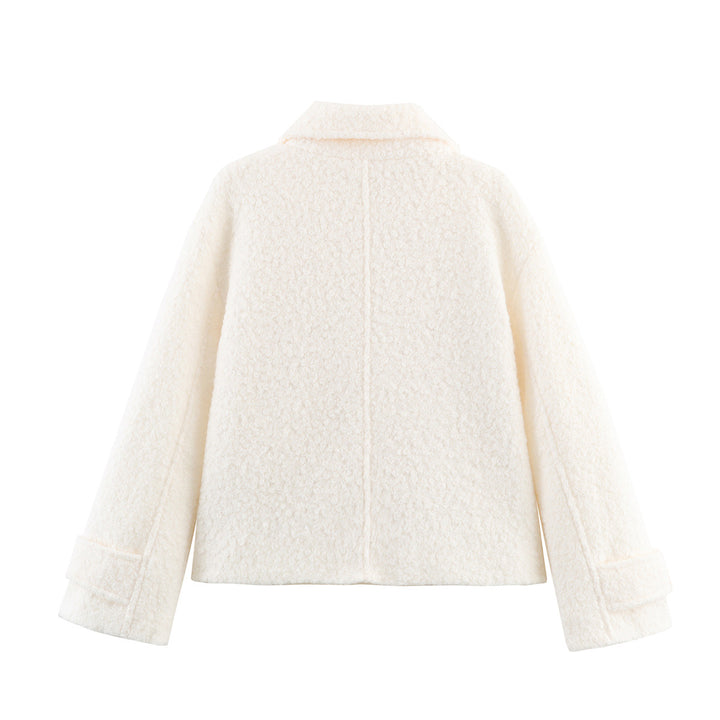 Ladies Boxy Boucle Double-Breasted Coat with Shirt Collar and Flap Pockets Mune Fashion