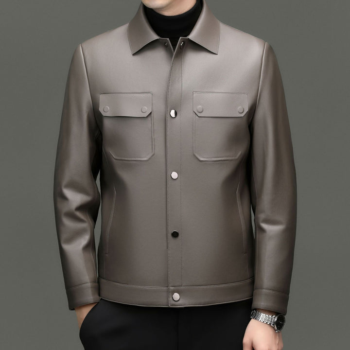Men's leather jacket in shirt style with snap button closure and patched chest pockets Mune Fashion