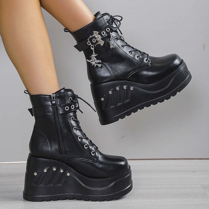 Women's Gothic Platform Ankle Boots with Lacing, Eyelet Straps, and Pendant Details Mune Fashion