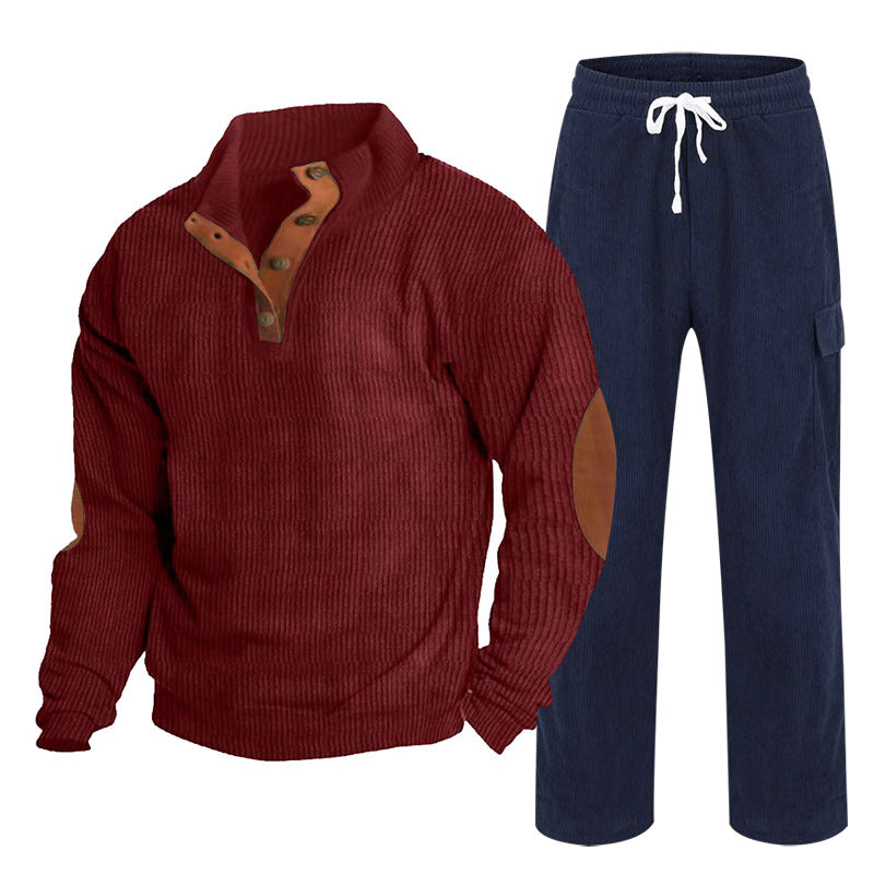 Men's Cozy Leisure Set made of Waffle Knit Henley with Elbow Patch and Relax Cargo Pants Mune Fashion