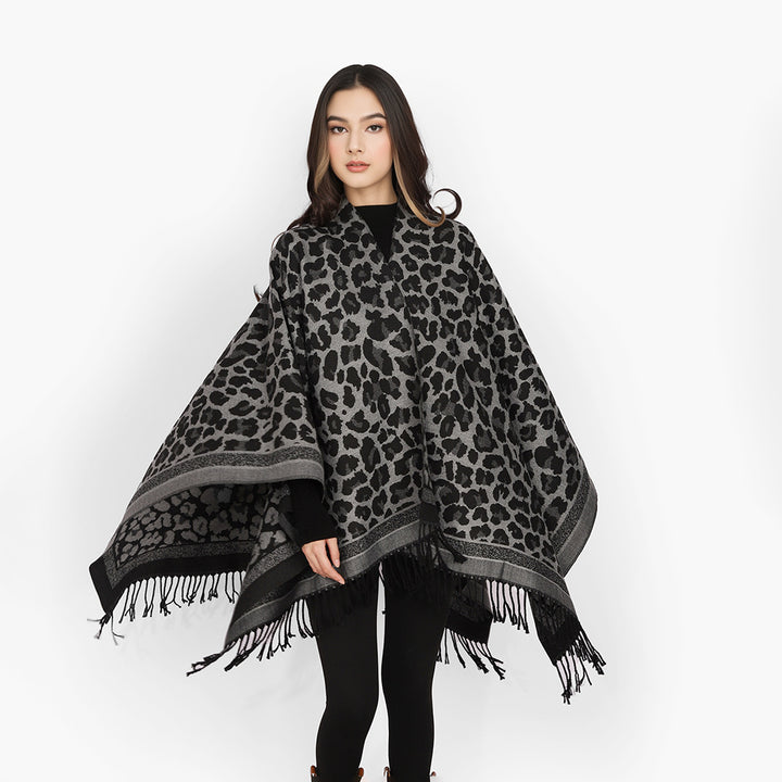 Women's Oversize Cape with Jacquard Leopard Pattern, Open Fall and Fringes Mune Fashion