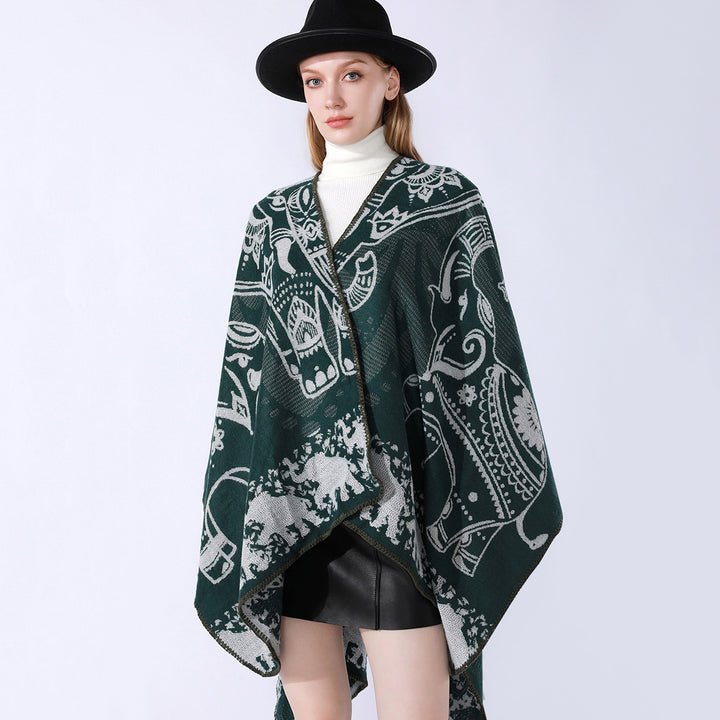 Women's jacquard kimono cape made of wool blend with ornamental animal motifs Mune Fashion
