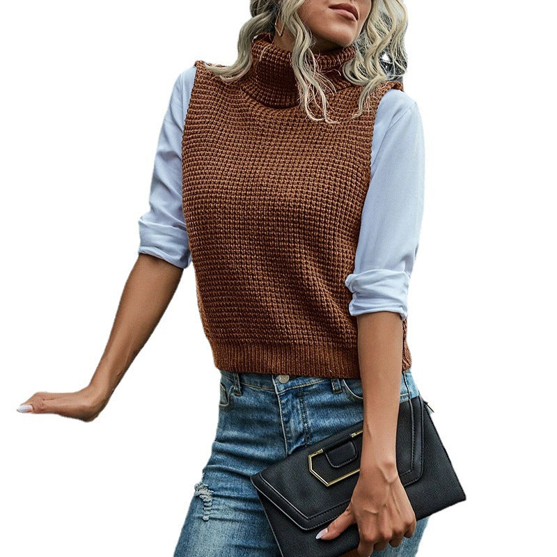 Women Sleeveless Turtleneck Knit Vest with Structured Waffle Look Mune Fashion