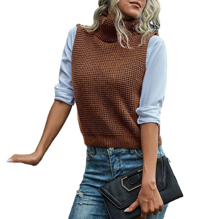 Women Sleeveless Turtleneck Knit Vest with Structured Waffle Look Mune Fashion