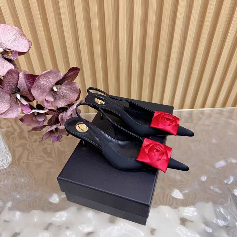 Women's lace Slingback stilettos with satin rose appliqué Mune Fashion