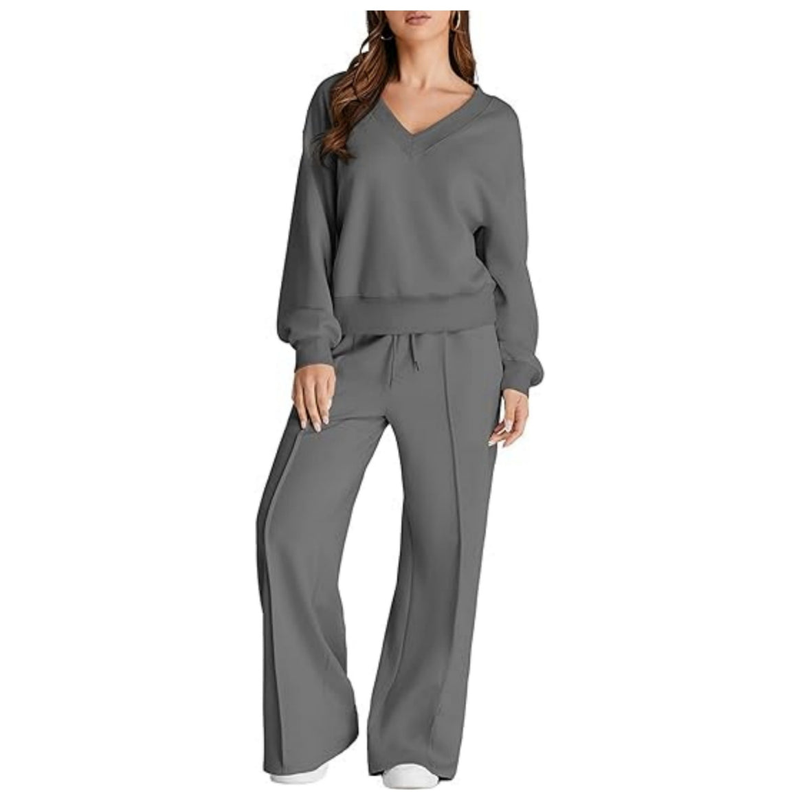 Women's Casual V-Neck Leisure Set with Wide Jogging Pants Mune Fashion