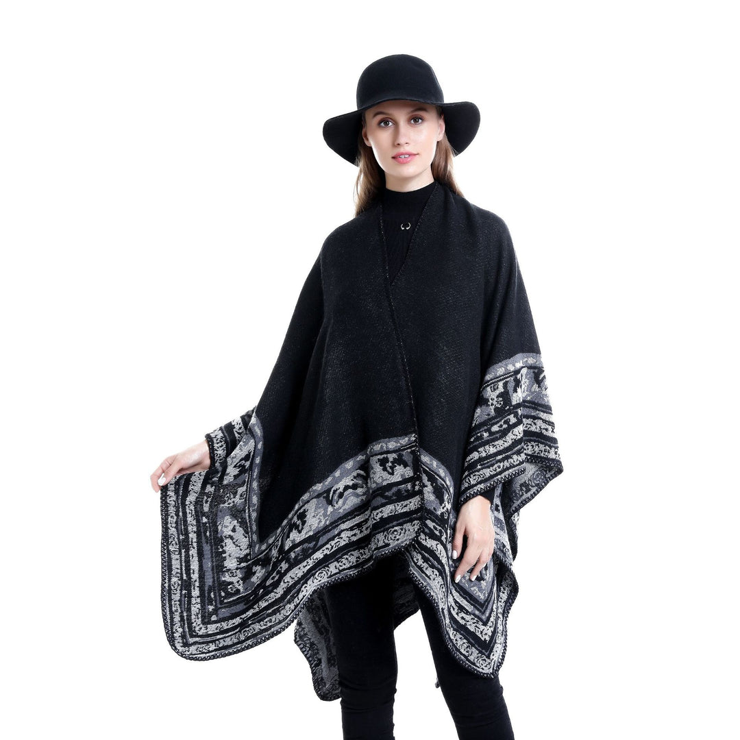 Women's Chunky Knit Oversized Ruana with Graphic Block Pattern and Asymmetrical Pointed Hem Mune Fashion
