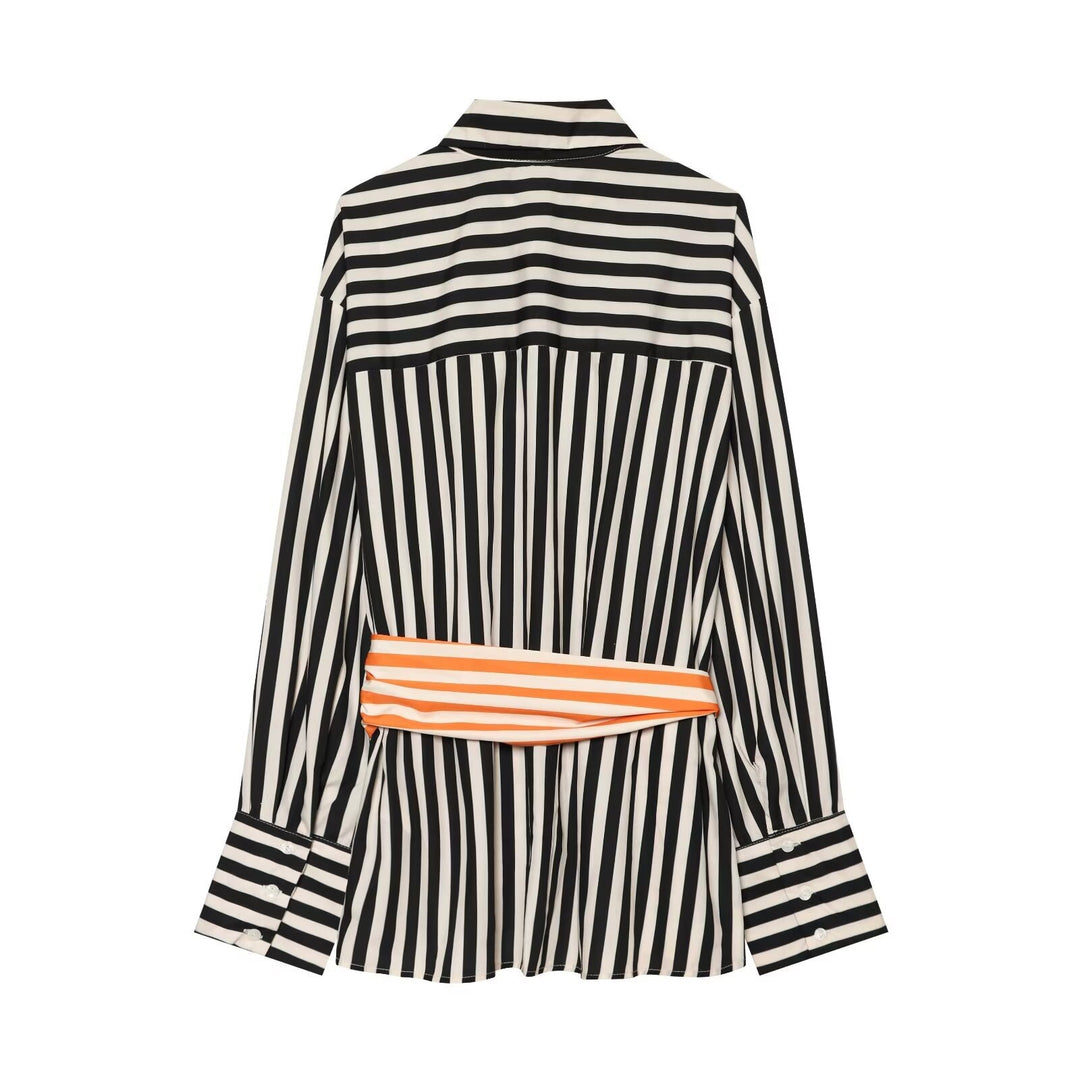 Women Long Sleeve Shirt with Vertical Stripes and Waist Tie Mune Fashion
