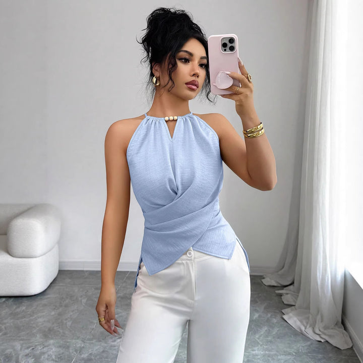 Women Sleeveless Twist Neck Tops with Wooden Beads and Asymmetric Hem Mune Fashion
