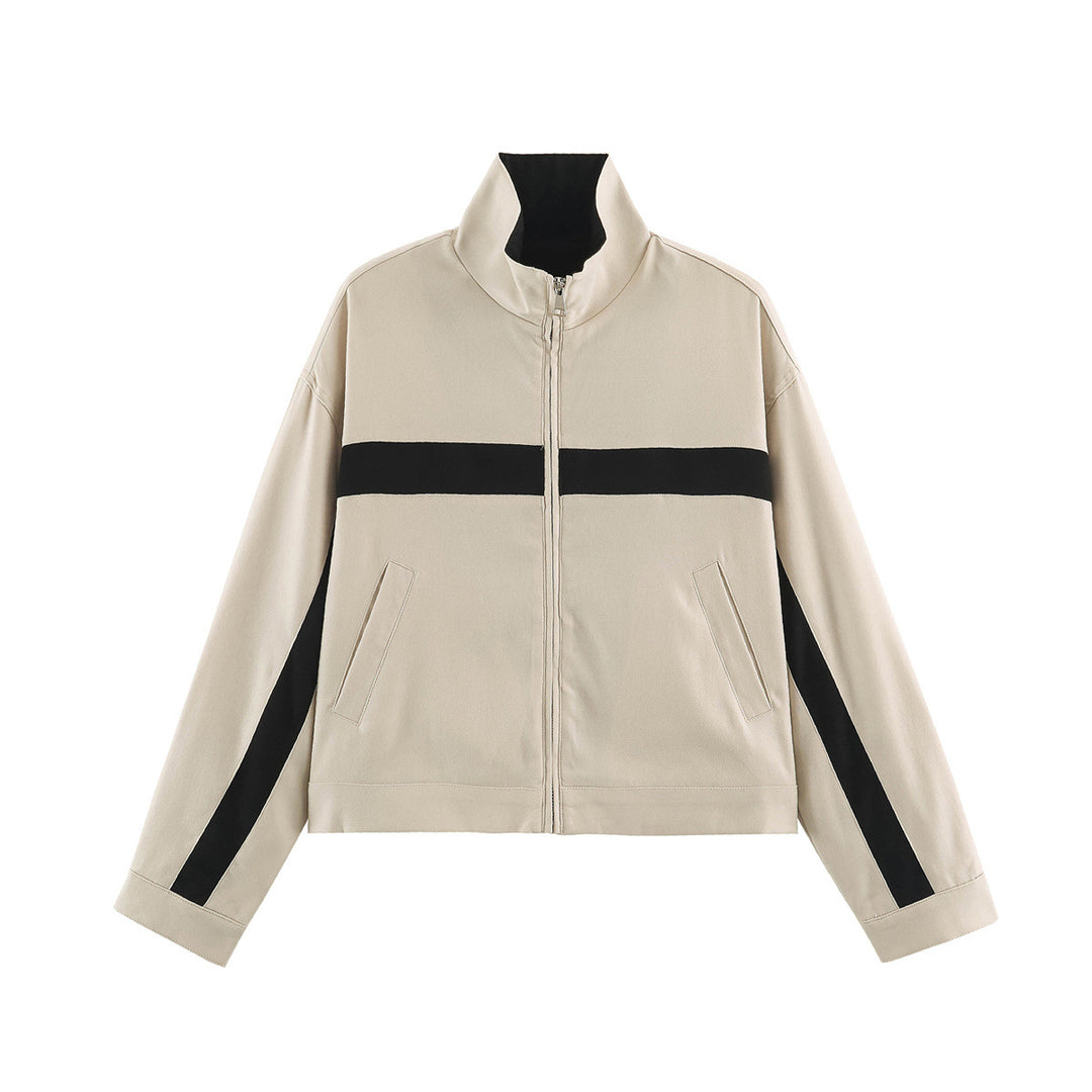 Ladies Cropped Track Jacket with Stand-up Collar, Zipper and Side Contrast Stripes Mune Fashion