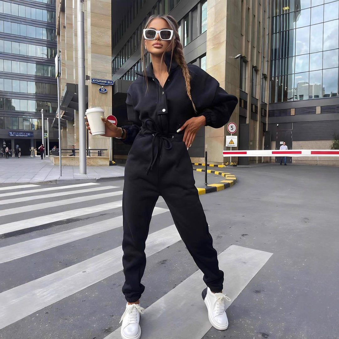 Women's fitted velour jumpsuit with drawstring stand-up collar and elastic cuffs Mune Fashion