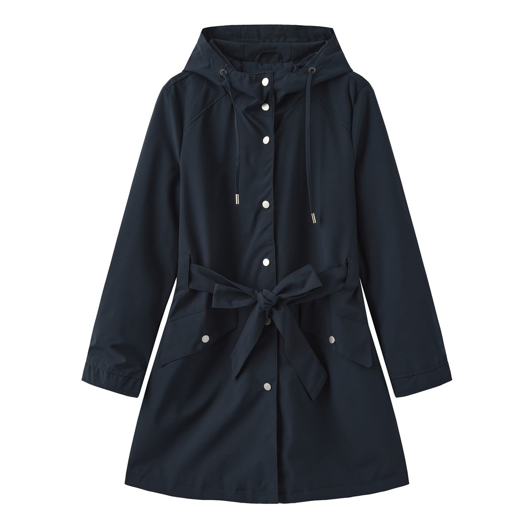Women's lightweight raincoat in A-line cut with hood, drawstring, and tie belt Mune Fashion