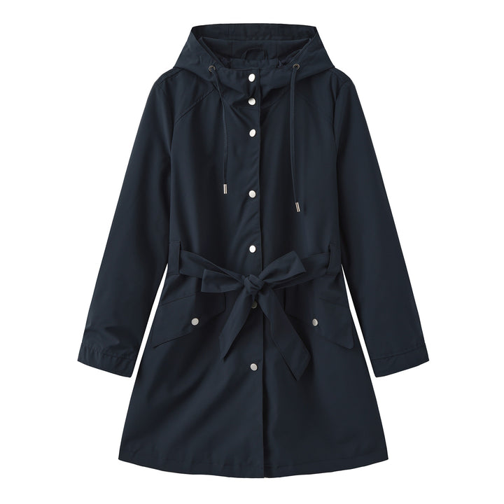 Women's lightweight raincoat in A-line cut with hood, drawstring, and tie belt Mune Fashion