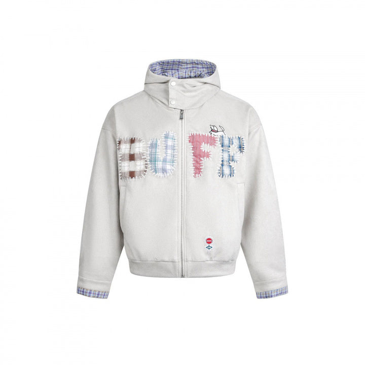 Men's Hooded Fleece Jacket with Checkered Lined Collar and Quilted Logo Applications Mune Fashion