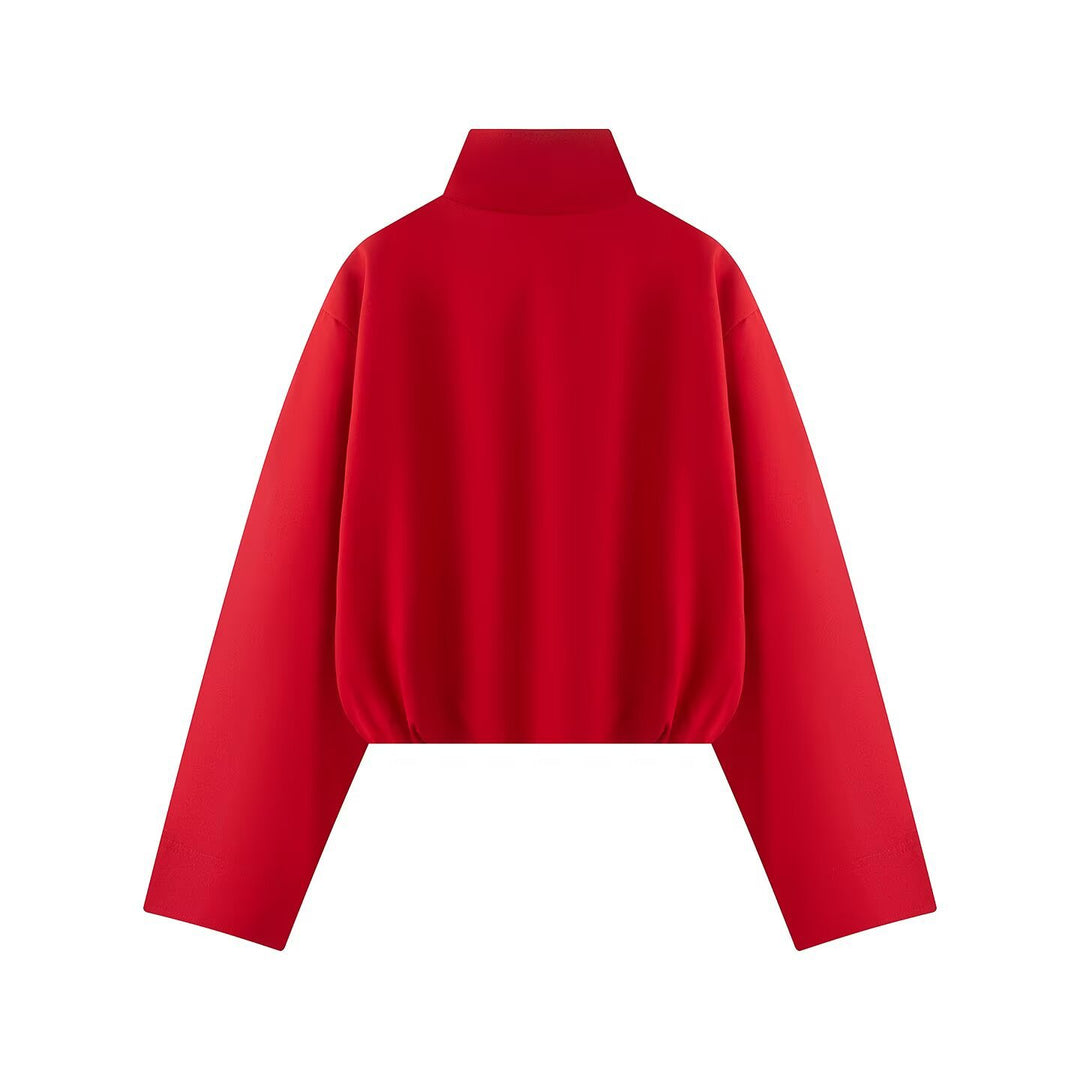 Women's Short Boxy Jacket with High Stand Collar, Full Zip and Oversized Sleeves Mune Fashion