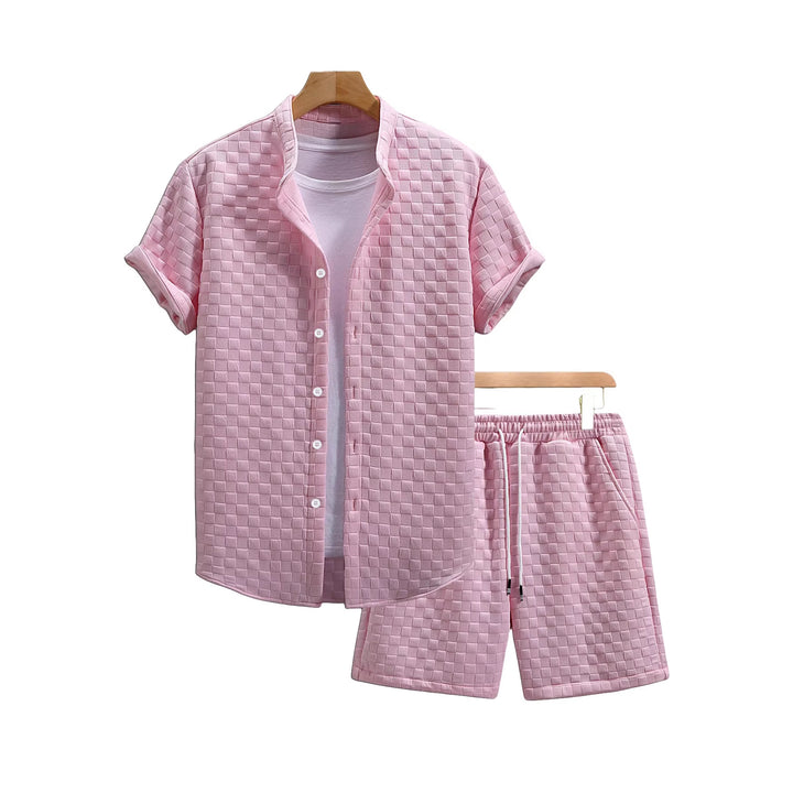 Men's two-piece summer ensemble with stand-up collar shirt jacket and elastic comfort shorts in embossed checked texture Mune Fashion