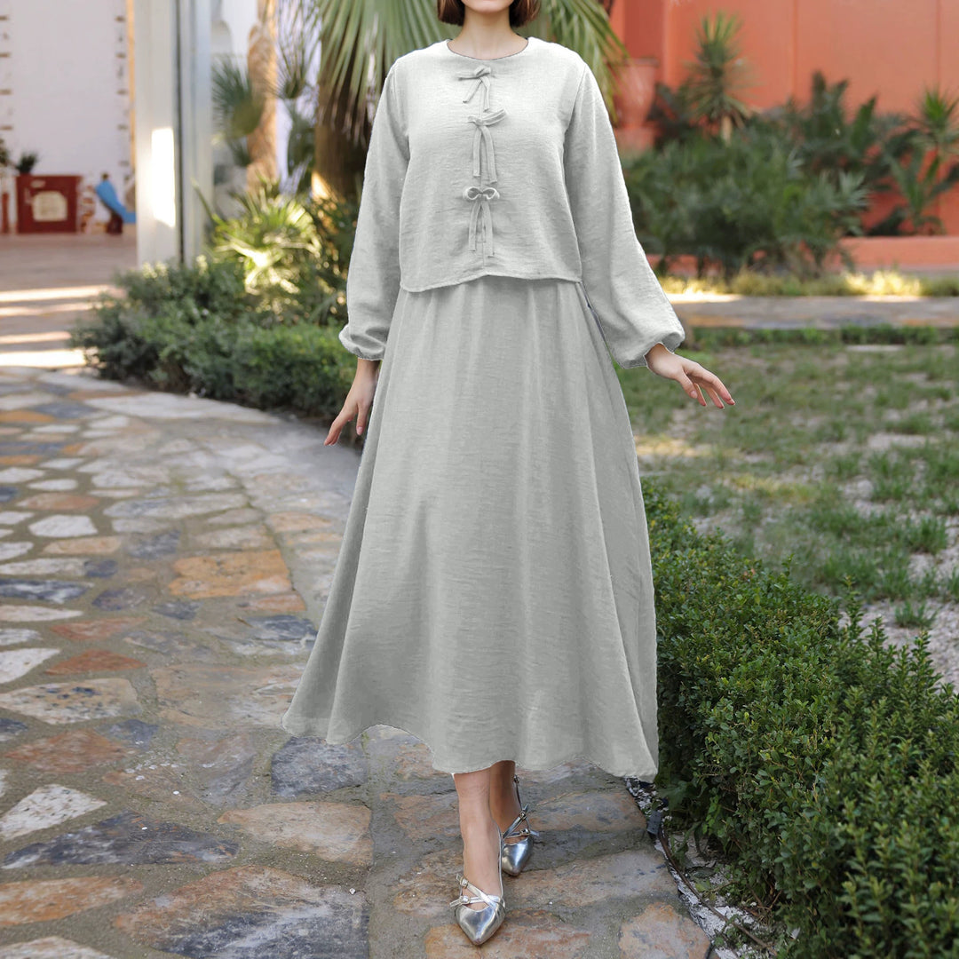 Ladies Long Two-Piece Maxi Dress with Overlay, Round Neck and Decorative Knot